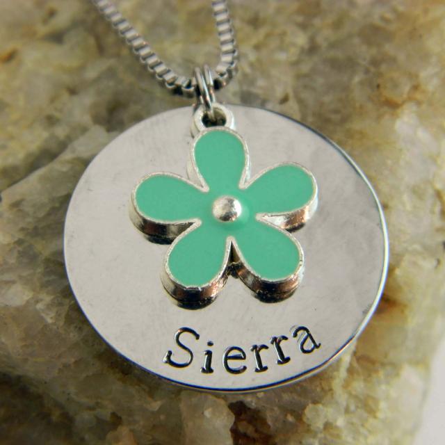 Kids Name Necklace with Teal Flower Enameled Charm